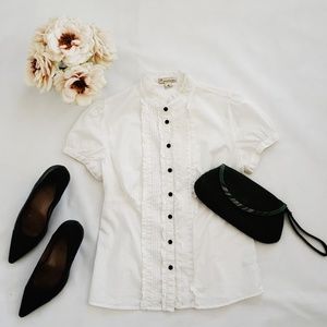 White Pintucked Blouse with Ruffle Collar
